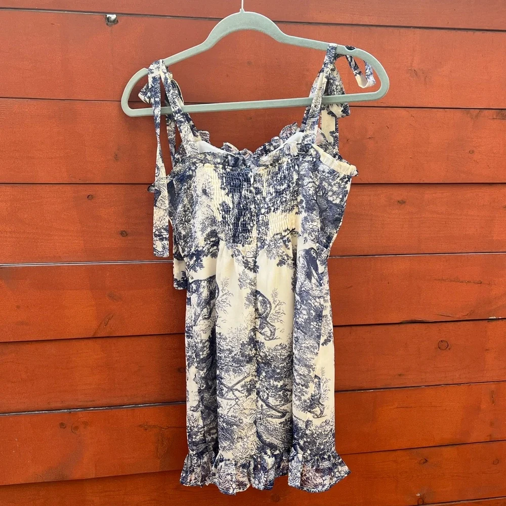 Lulus size xs Breeze the Day Blue and White Print Tie-Strap Mini Dress - Picture 7 of 9